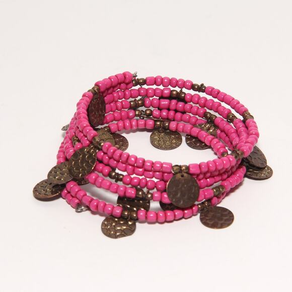 GNW Pink Seed Bead Memory Wire Bracelet - Picture 1 of 3
